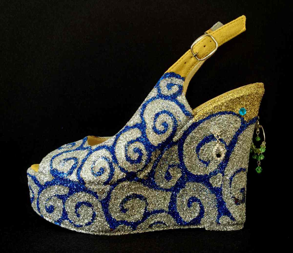 Juliet & the Forbidden Games Shoes #1, 2013, mylar felt and glitter on leather shoes, unique piece