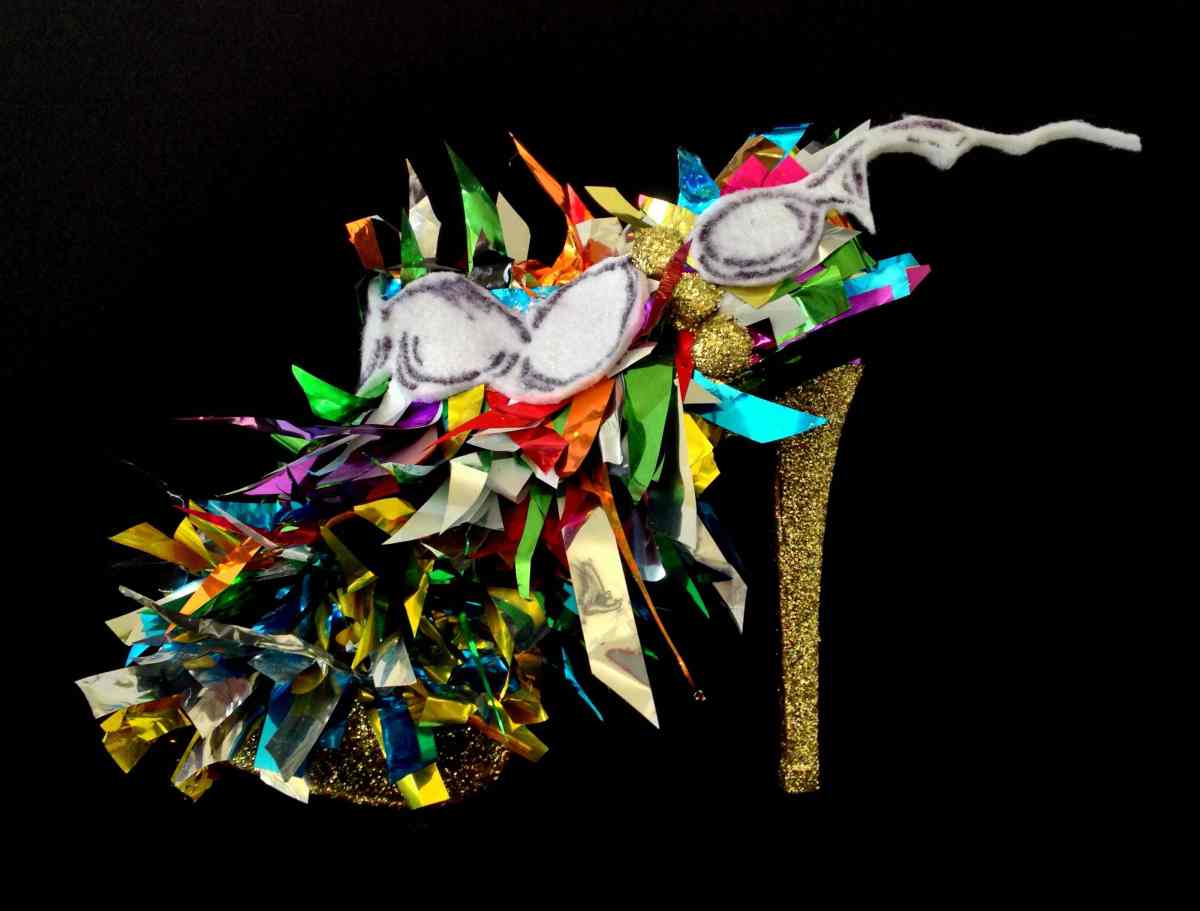 Juliet & the Forbidden Games Shoes #2, 2013, mylar felt and glitter on leather shoes, unique piece