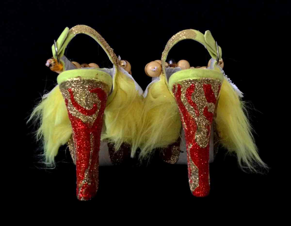 Juliet & the Forbidden Games Shoes #12, 2013, fur, glitter, pizzo and bijou on leather shoes, unique piece