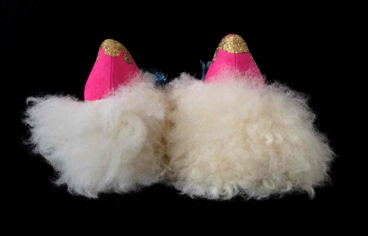 Juliet & the Forbidden Games Shoes #16, 2013, lace, glitter, felt and sheep fur on leather shoes, unique piece