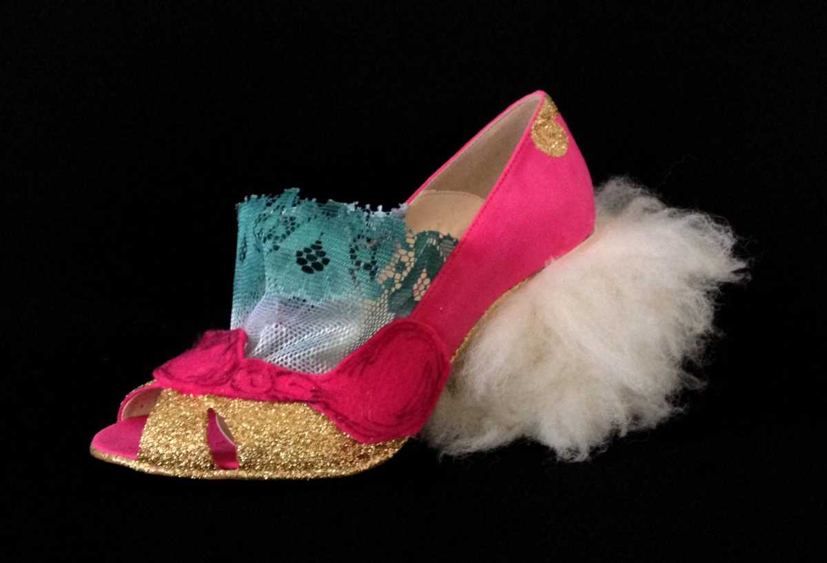 Juliet & the Forbidden Games Shoes #16, 2013, lace, glitter, felt and sheep fur on leather shoes, unique piece