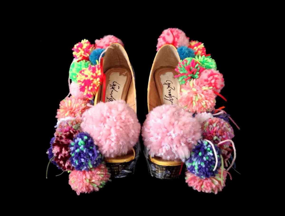 Juliet & the Forbidden Games Shoes #6, 2013, acrylic and wool on leather shoes, unique piece