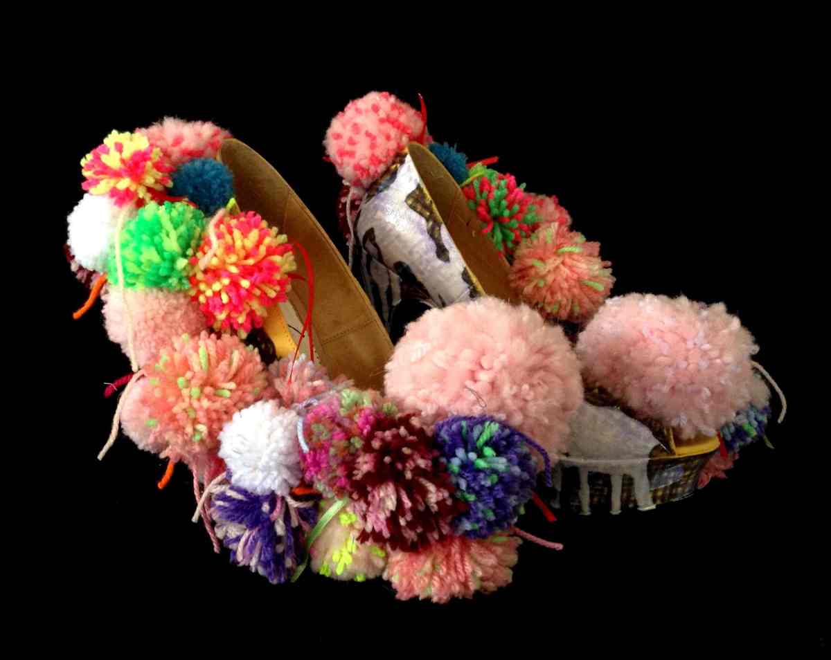 Juliet & the Forbidden Games Shoes #6, 2013, acrylic and wool on leather shoes, unique piece