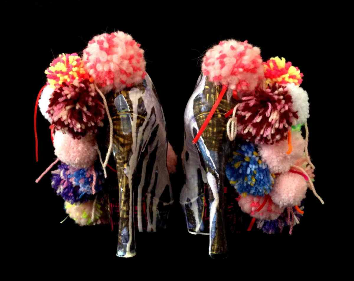 Juliet & the Forbidden Games Shoes #6, 2013, acrylic and wool on leather shoes, unique piece