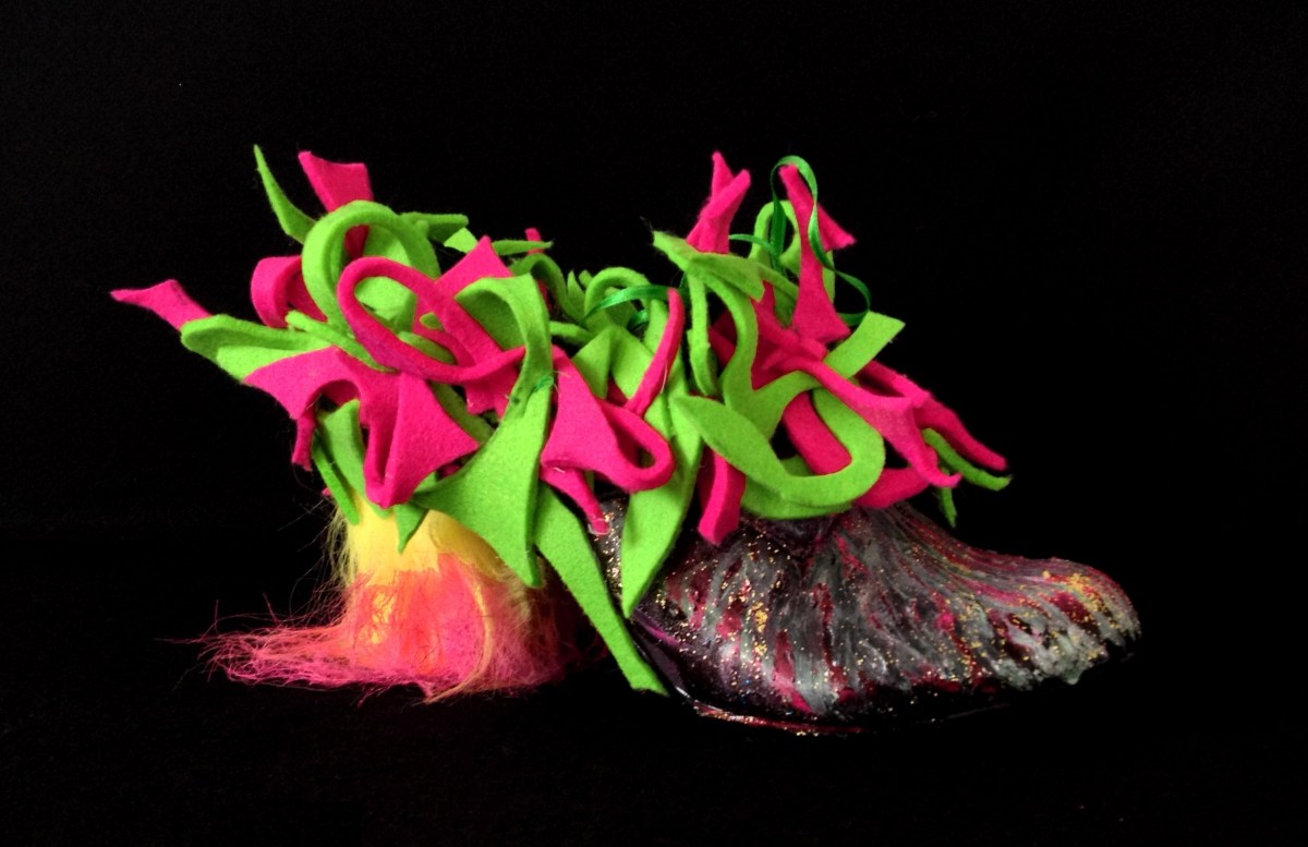 Juliet & the Forbidden Games Shoes #7, 2013, acrylic, felt, glitter, sheep fur on leather shoes, unique piece
