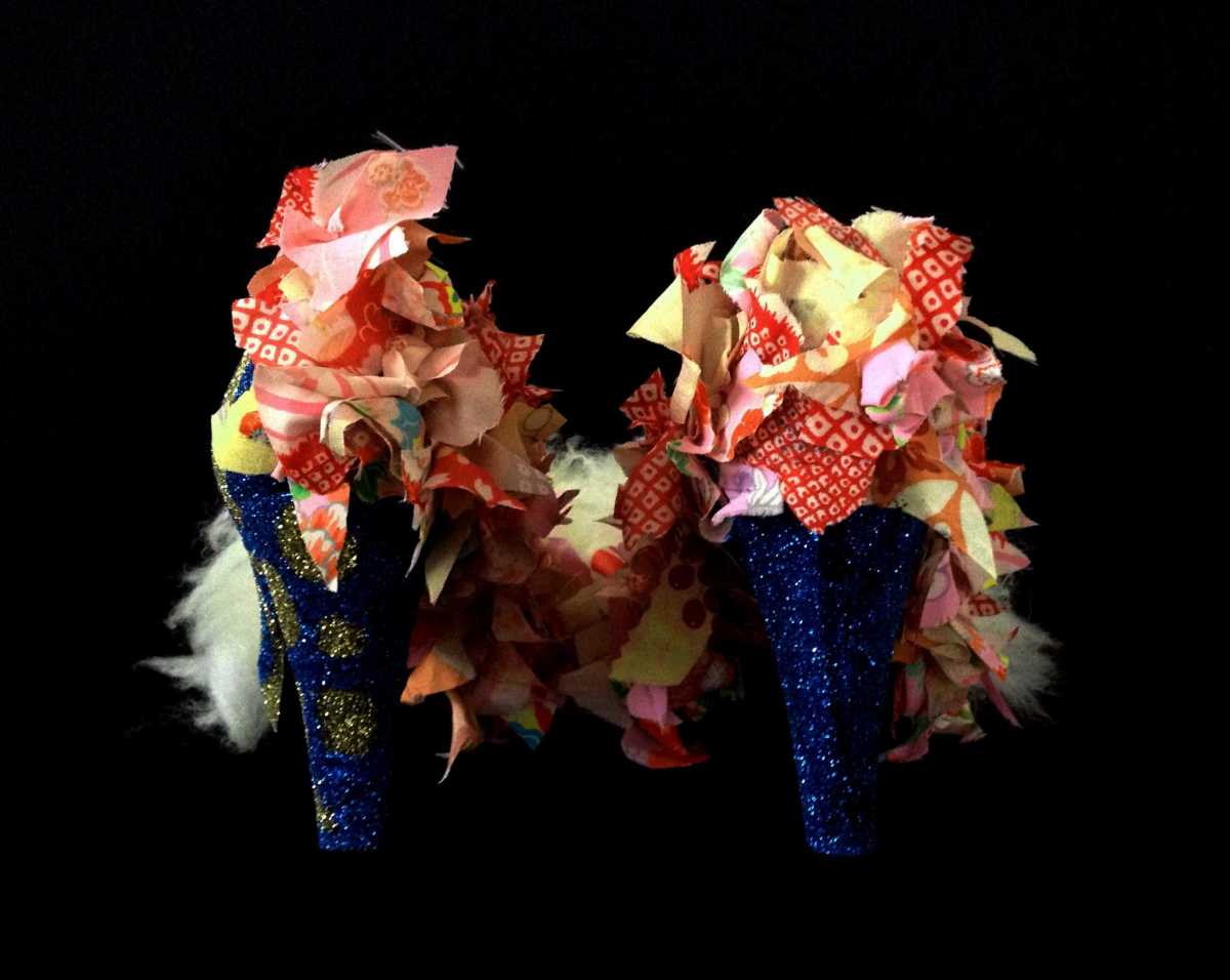 Juliet & the Forbidden Games Shoes #4, 2013, textiles, fur and glitter on leather shoes, unique piece