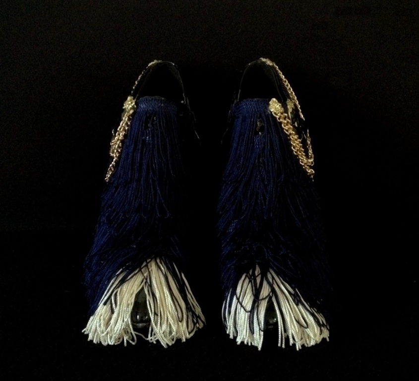 Bastardisation #7, 2014, fringes, bijoux and gold leaf on leather boots, size n41 unique piece