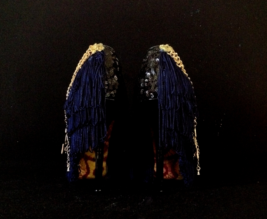Bastardisation #7, 2014, fringes, bijoux and gold leaf on leather boots, size n41 unique piece