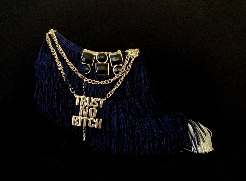 Bastardisation #7, 2014, fringes, bijoux and gold leaf on leather boots, size n41 unique piece