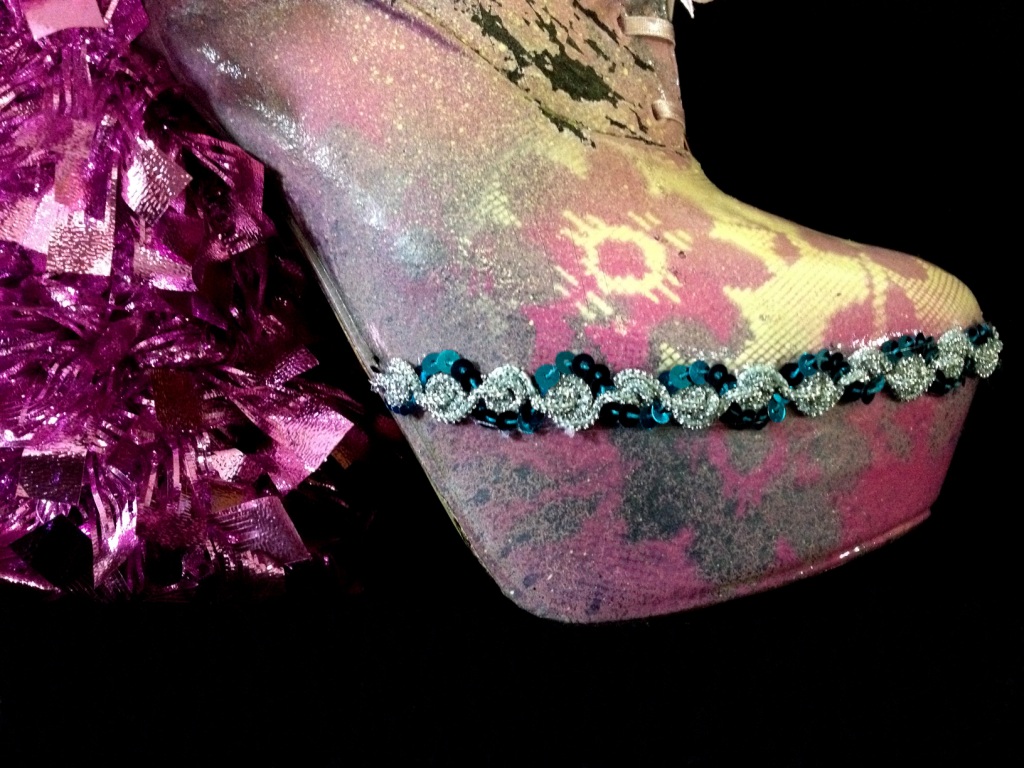 Bastardisation #8, 2014, spray paint, sequins and decoration on ankle boots, size n38 unique piece