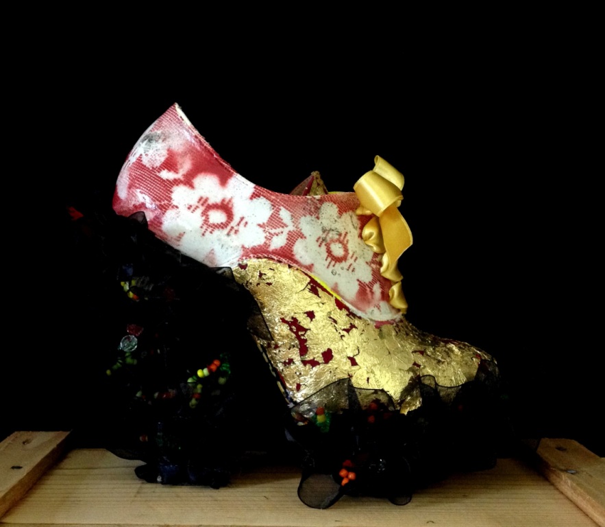 Bastardisation #17, 2014, pearls, gold leaf and spray paint decoration on ankle boots, size n37, unique piece