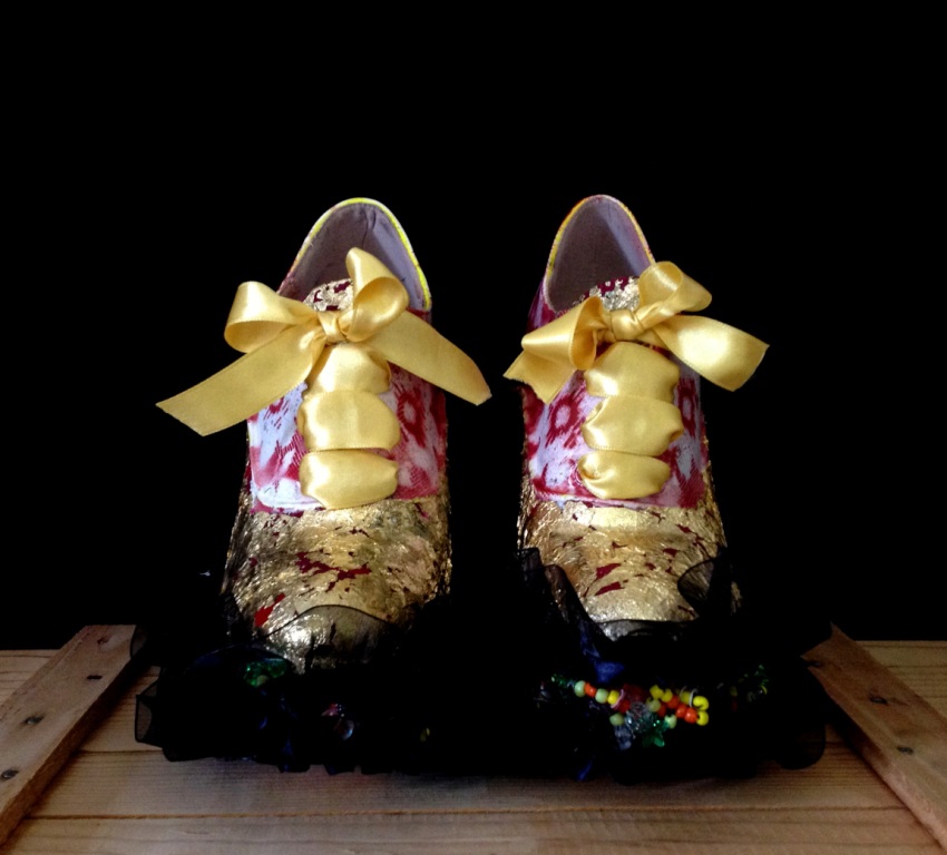 Bastardisation #17, 2014, pearls, gold leaf and spray paint decoration on ankle boots, size n37, unique piece