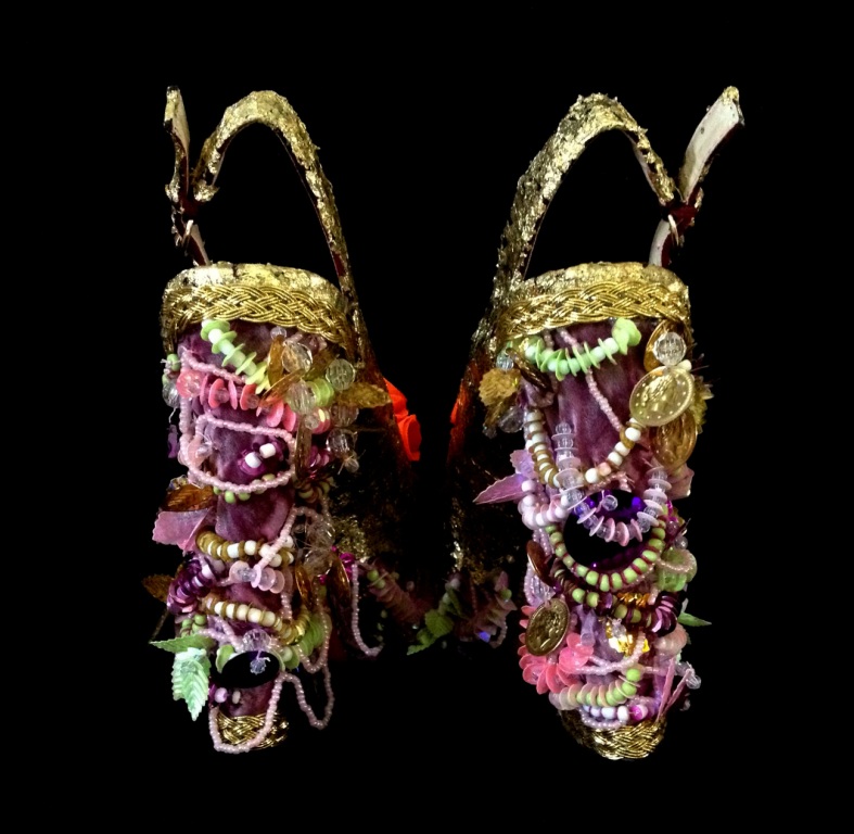 Bastardisation #21, 2014, gold leaf, pearls and bijoux on leather sandal, size n39, unique piece
