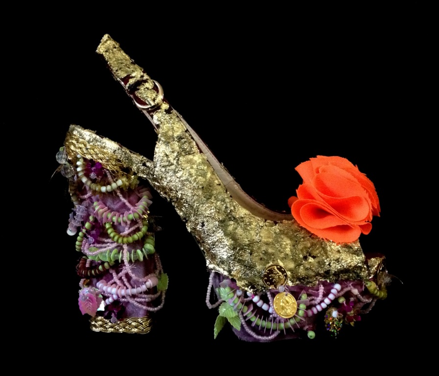 Bastardisation #21, 2014, gold leaf, pearls and bijoux on leather sandal, size n39, unique piece