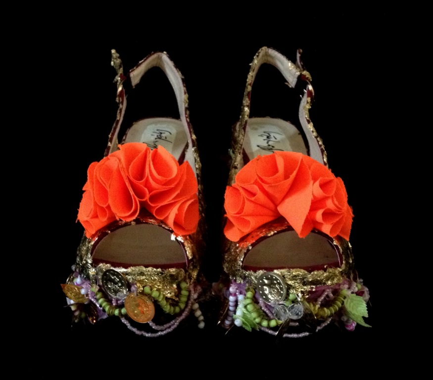 Bastardisation #21, 2014, gold leaf, pearls and bijoux on leather sandal, size n39, unique piece
