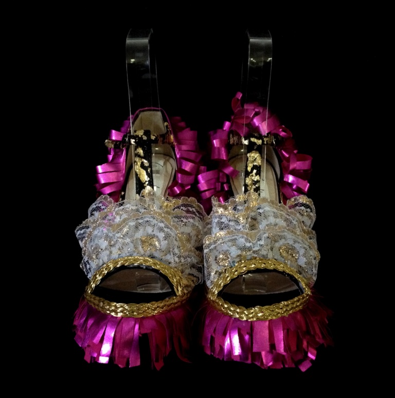 Bastardisation #22, 2014_gold leaf, fabric and golden decoration and spray paint on sandal, size n38, unique piece