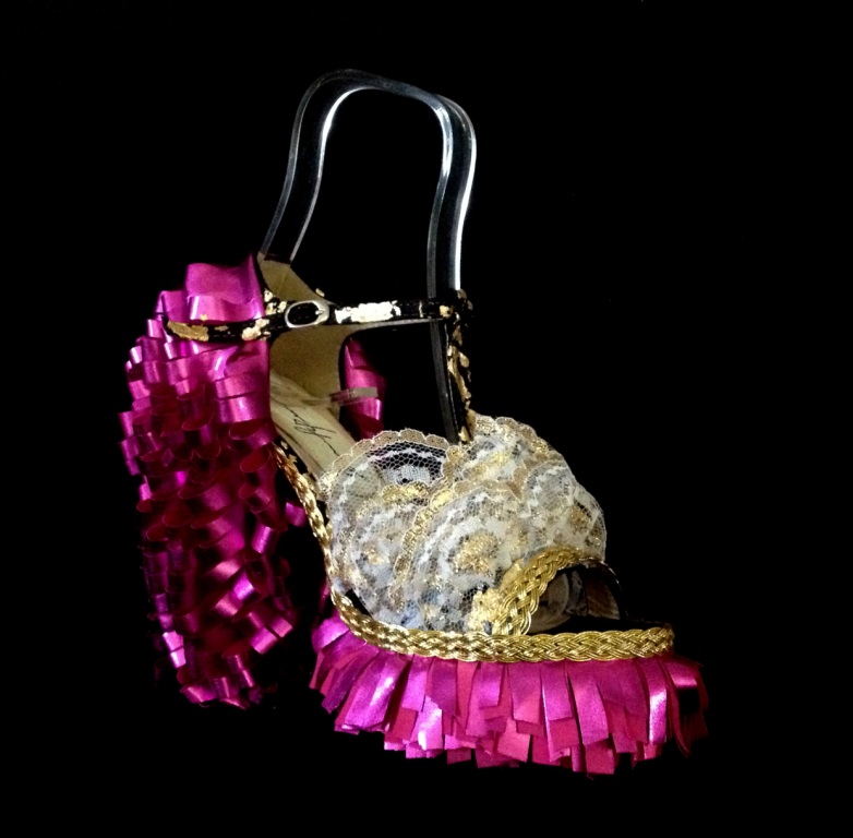Bastardisation #22, 2014_gold leaf, fabric and golden decoration and spray paint on sandal, size n38, unique piece