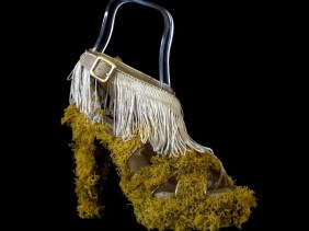 Bastardisation #23, 2014, fringes, golden decoration, Iceland's moss and spray paint on cross string sandal, size n38, unique piece