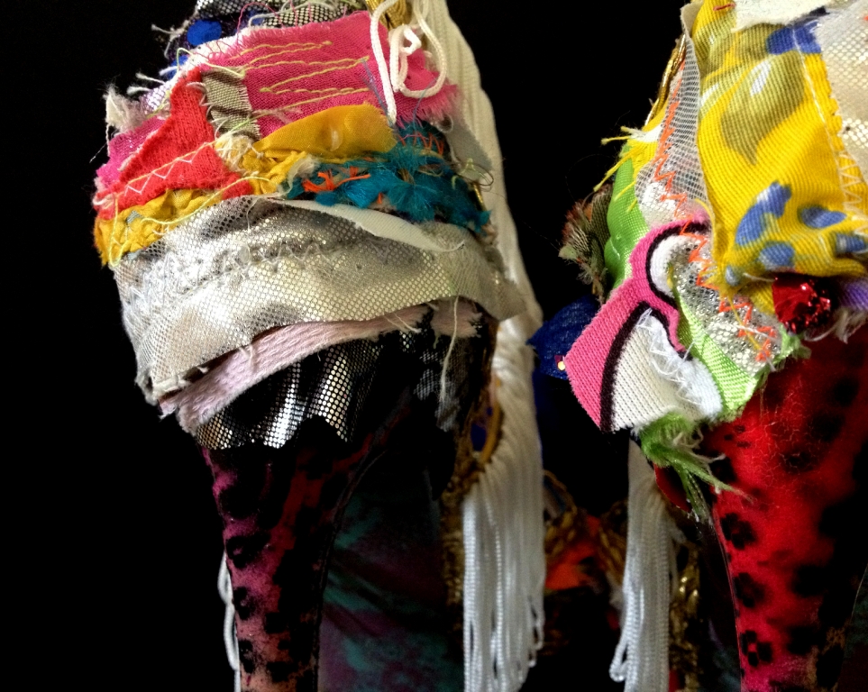 Bastardisation #24, 2014, fringes, tulle, fabric and golden decoration, bijou and spray paint on cross string sandal, size n36 unique piece