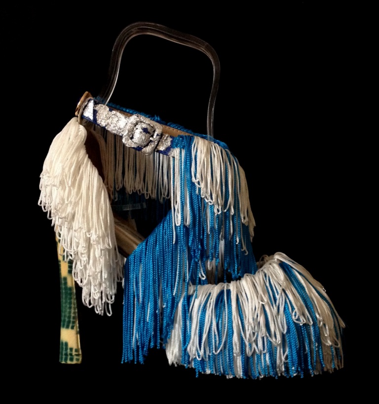 Daniel González, Bastardisation #31, 2014, fringes, bijou, silver leaf and spray paint on cross string sandal, n38-7, unique piece