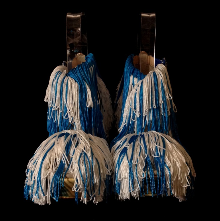 Daniel González, Bastardisation #31, 2014, fringes, bijou, silver leaf and spray paint on cross string sandal, n38-7, unique piece