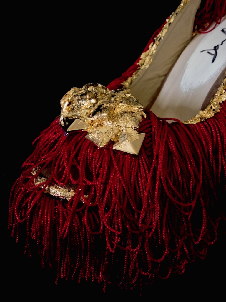 Bastardisation #18, 2014, fringes, gold leaf and Iceland's moss on pumps, size n39 unique piece