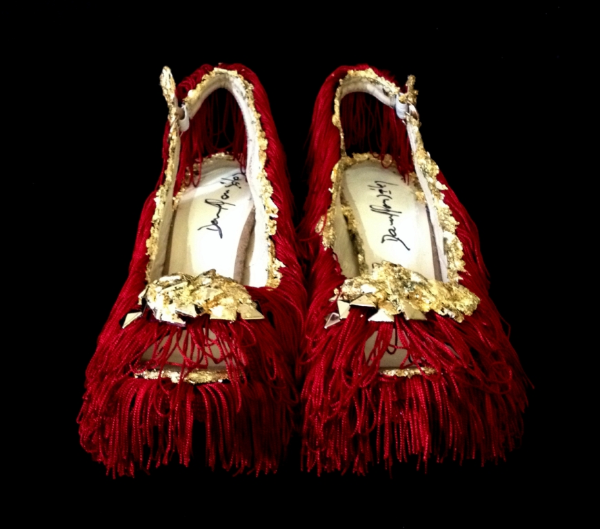 Bastardisation #18, 2014, fringes, gold leaf and Iceland's moss on pumps, size n39 unique piece