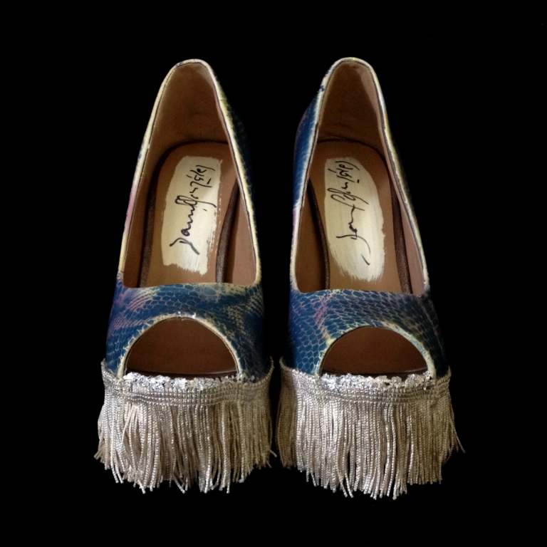 Bastardisation #19, 2014, fringes, silve leaf and spray paint on open toe pumps, size n38 unique piece