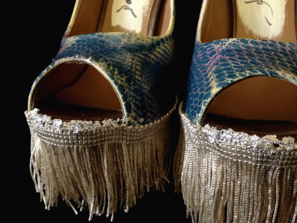 Bastardisation #19, 2014, fringes, silve leaf and spray paint on open toe pumps, size n38 unique piece