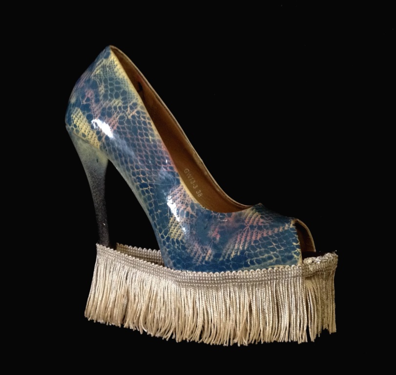 Bastardisation #19, 2014, fringes, silve leaf and spray paint on open toe pumps, size n38 unique piece