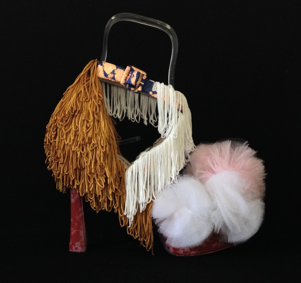 Bastardisation #20, 2014, fringes, copper leaf, tulle and spray paint on cross string sandal, size n37 unique piece
