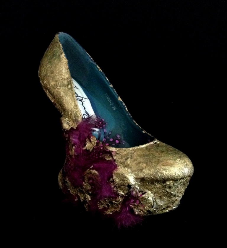 Bastardisation #36, 2014, gold leaf, plumes and spray paint on leather pumps with platform, size n36, unique piece