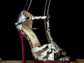 Bastardisation #37, 2014, silver leaf, spray paint and fringes on sandal pumps, size n37, unique piece