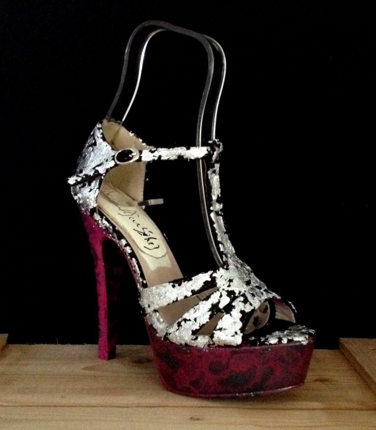 Bastardisation #37, 2014, silver leaf, spray paint and fringes on sandal pumps, size n37, unique piece