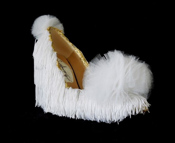 Cheaper Fast Love #1, gold leaf, silk fringes, tulle and hand-sewn sequins on leather shoes, 2015, n39 unique piece