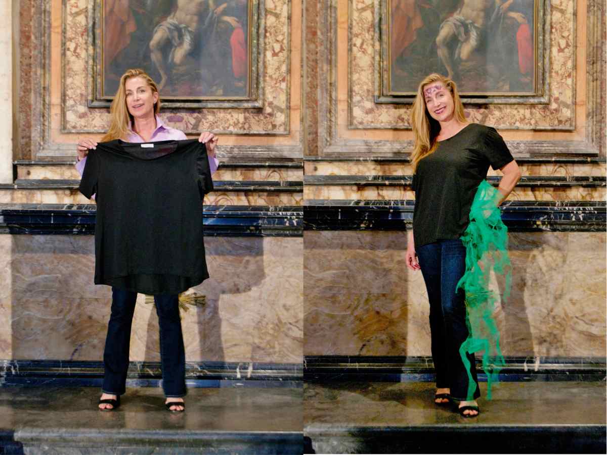 Wearable Sculpture-Portrait, before & after live production during "Portrait Fashion Factory" Performance